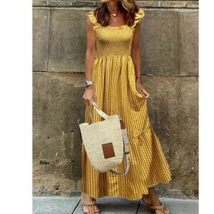 Boho Gingham Print Ruffle Sleeve Maxi Dress